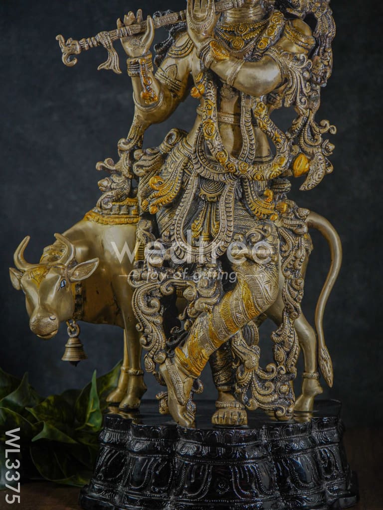 Brass Krishna with Cow - Black Antique Finish - WL3375