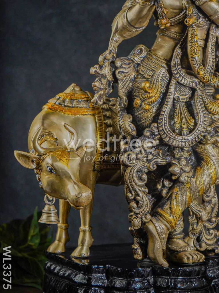 Brass Krishna with Cow - Black Antique Finish - WL3375