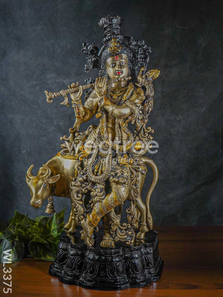 Brass Krishna with Cow - Black Antique Finish - WL3375