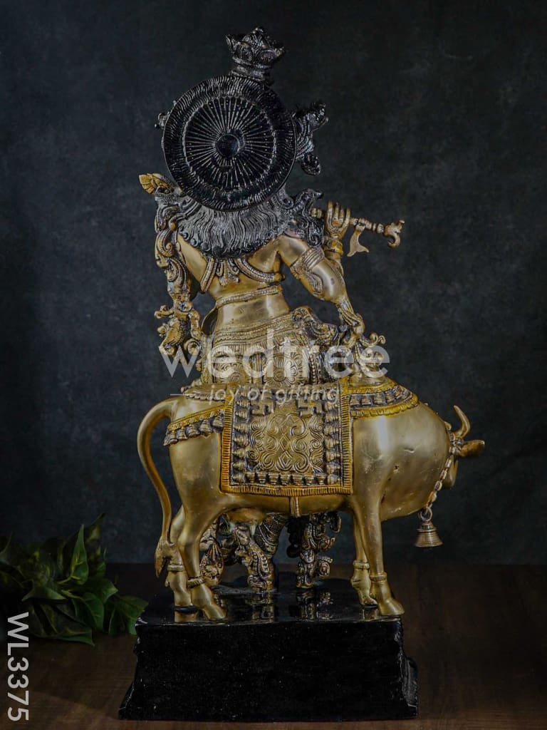 Brass Krishna with Cow - Black Antique Finish - WL3375
