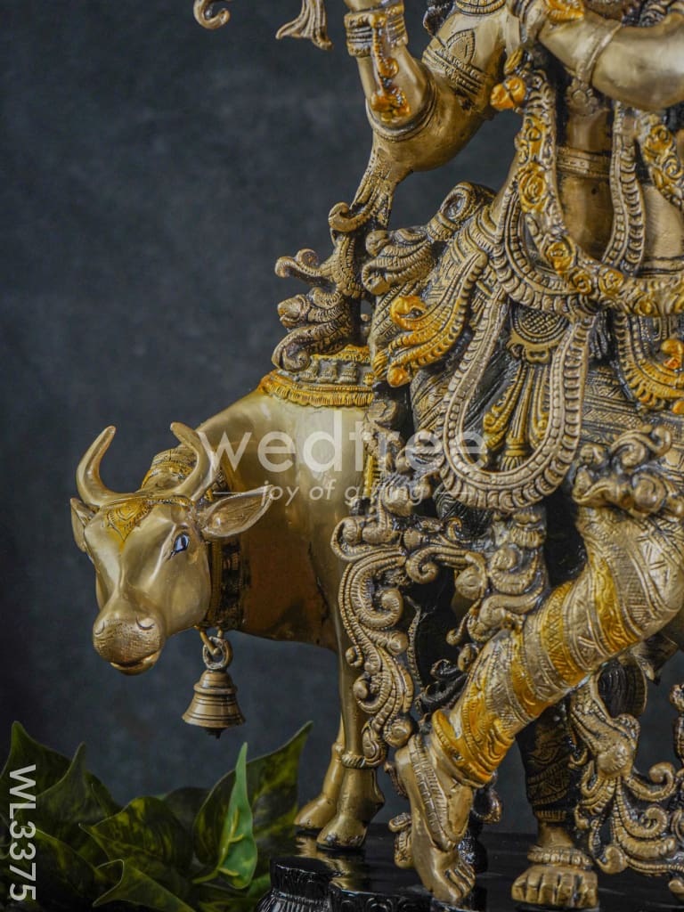 Brass Krishna with Cow - Black Antique Finish - WL3375