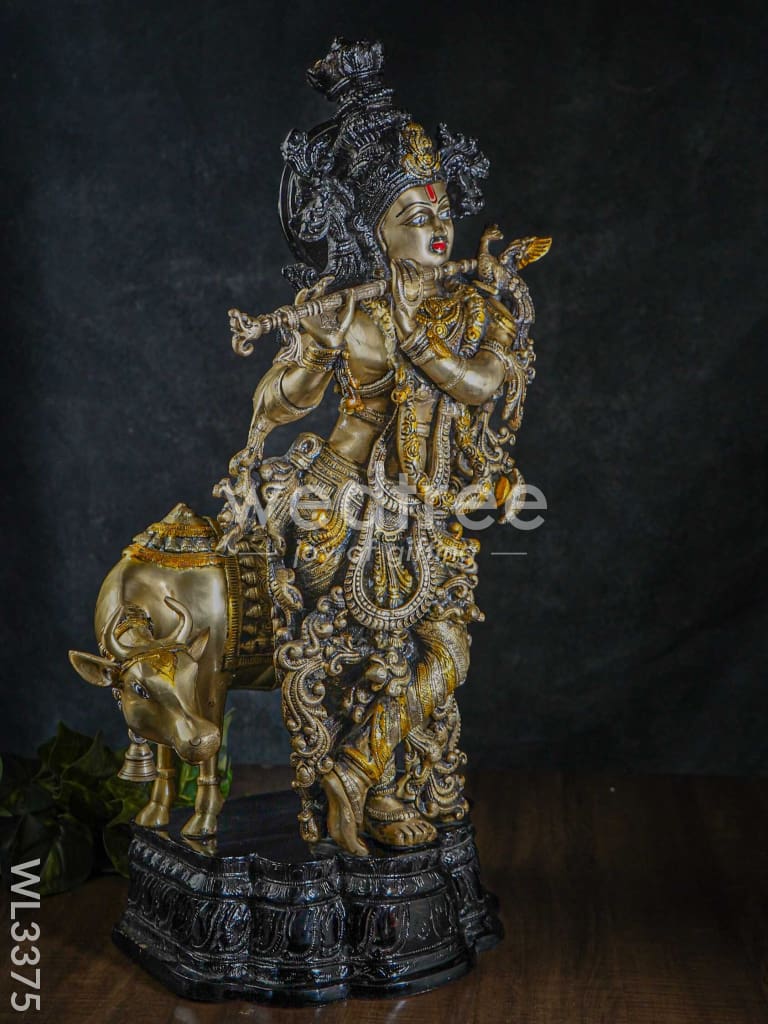 Brass Krishna with Cow - Black Antique Finish - WL3375