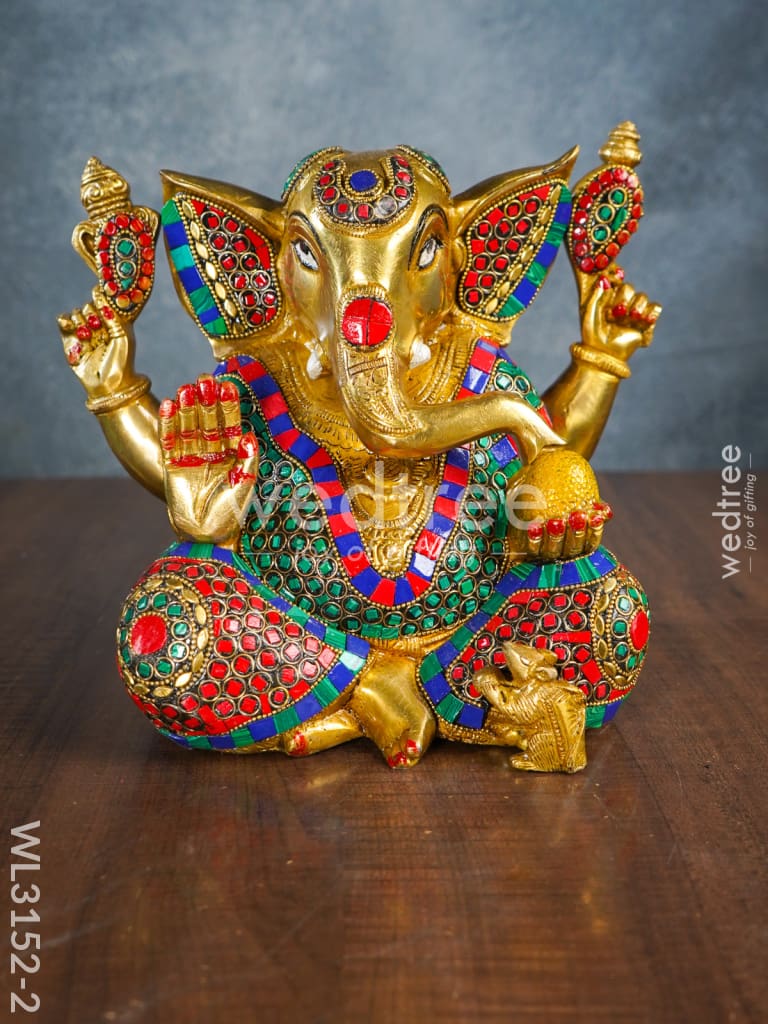 Brass Laddu Ganesha with Stone Work - WL3152