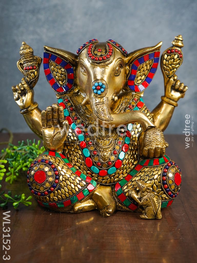 Brass Laddu Ganesha with Stone Work - WL3152