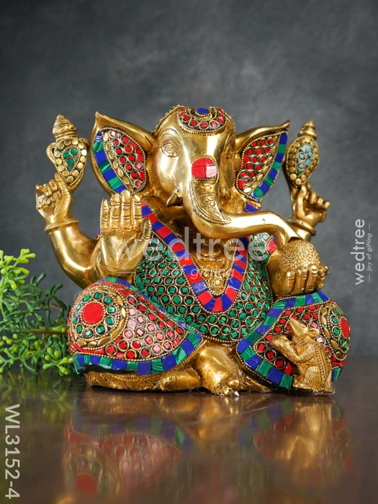 Brass Laddu Ganesha with Stone Work - WL3152