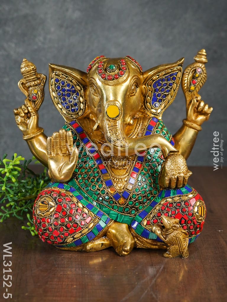 Brass Laddu Ganesha with Stone Work - WL3152