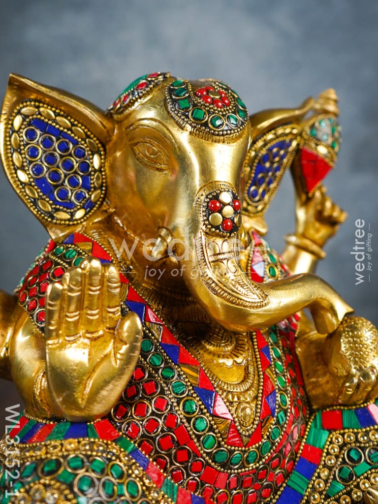Brass Laddu Ganesha with Stone Work - WL3152