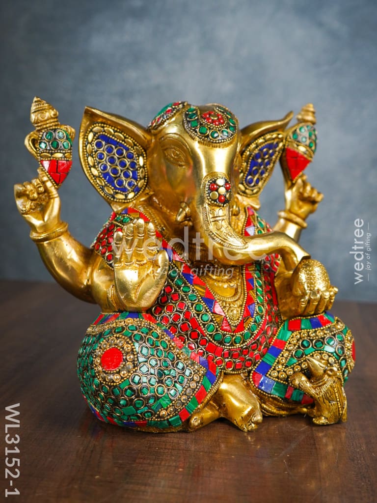 Brass Laddu Ganesha with Stone Work - WL3152