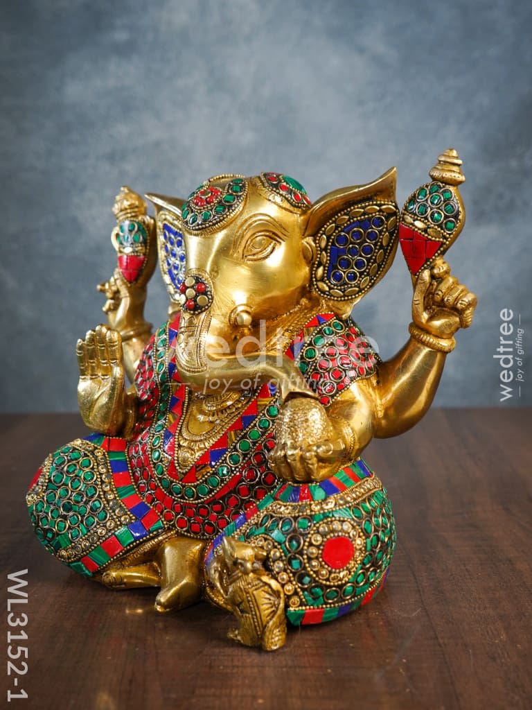 Brass Laddu Ganesha with Stone Work - WL3152