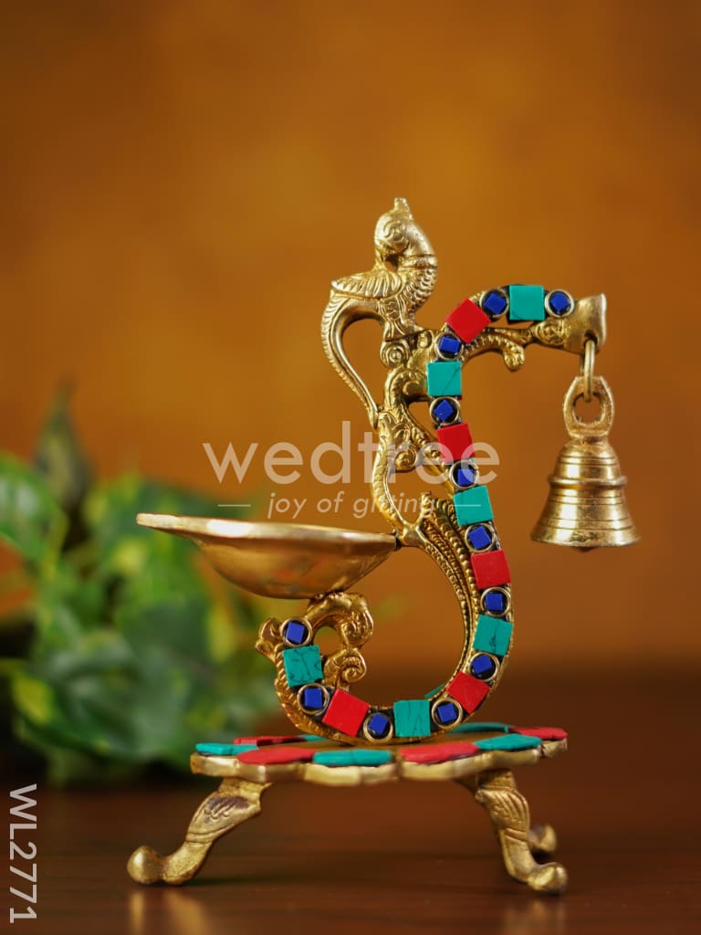 Brass Lotus Diya with Chowki & Stone Work - WL2771