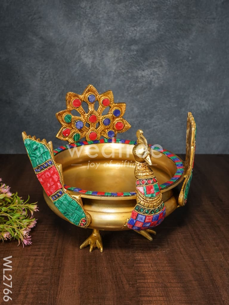 Brass Peacock Urli with Tile Work - WL2766