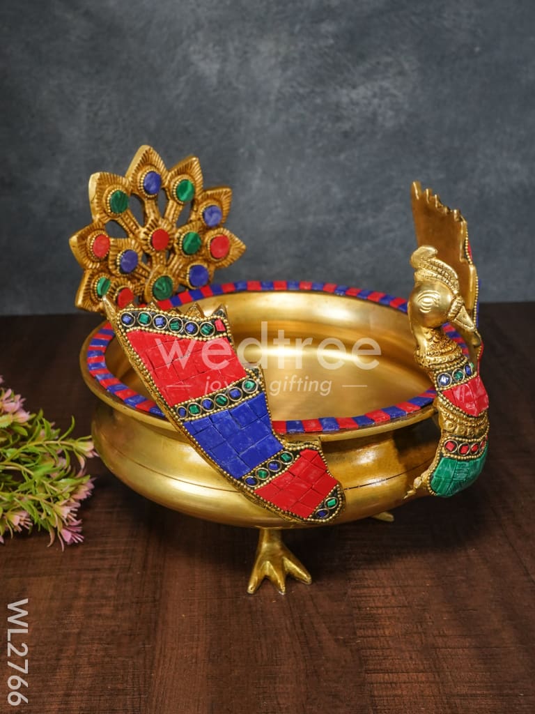 Brass Peacock Urli with Tile Work - WL2766