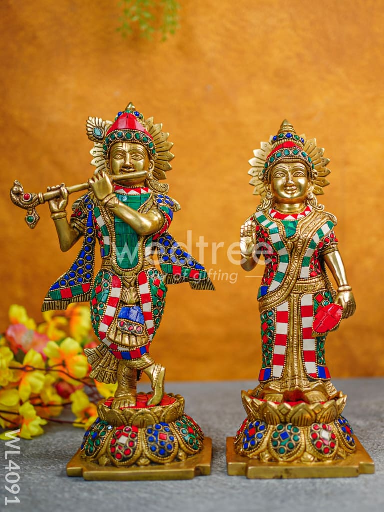 Brass Radha Krishna idols with Multicolour Stone Work - WL4091