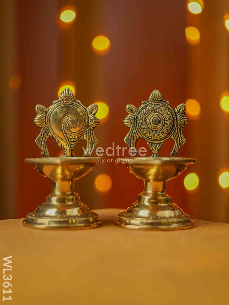 Brass Shanku Chakra Diya with Stand - Set of 2 - WL3611