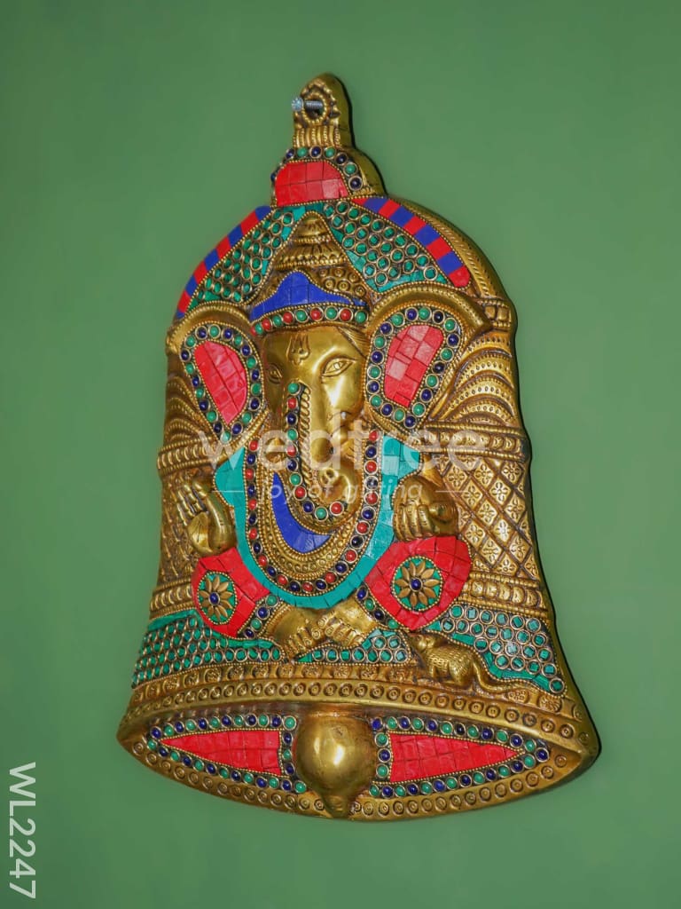Brass Stone & Tile Work Bell Ganesha Wall Hanging - WL2247