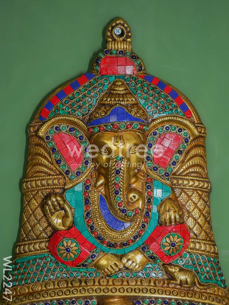 Brass Stone & Tile Work Bell Ganesha Wall Hanging - WL2247