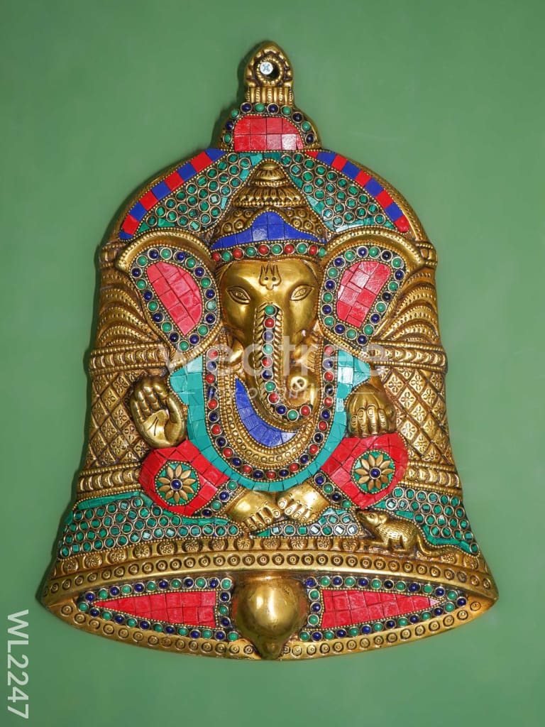 Brass Stone & Tile Work Bell Ganesha Wall Hanging - WL2247