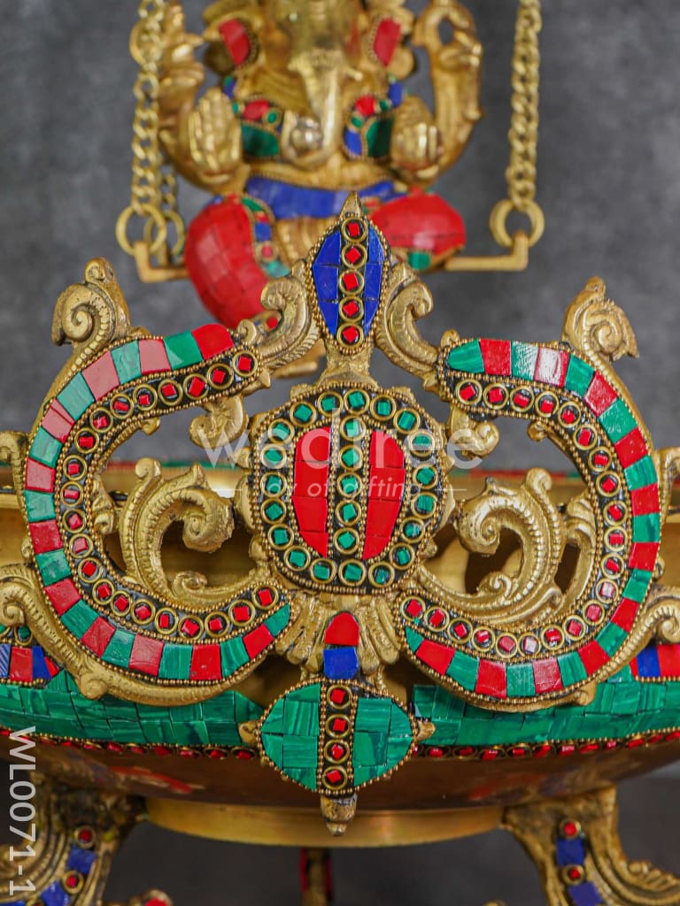Brass Swing Ganesha Urli with Tile Work - WL0071-1