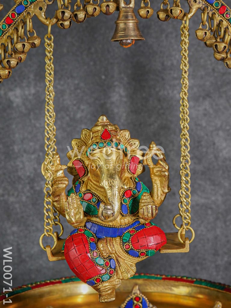 Brass Swing Ganesha Urli with Tile Work - WL0071-1