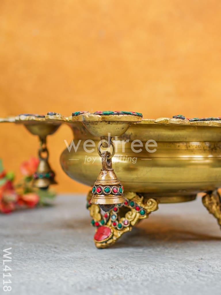 Brass Urli with Diya and Bells - Stonework -WL4118