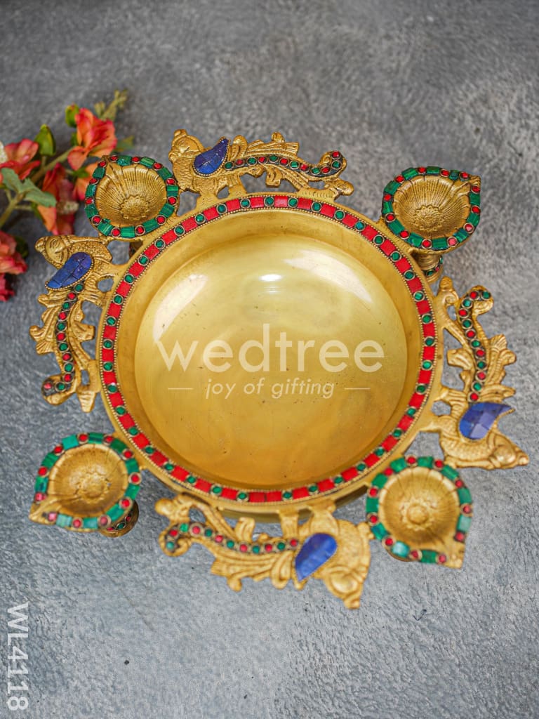 Brass Urli with Diya and Bells - Stonework -WL4118