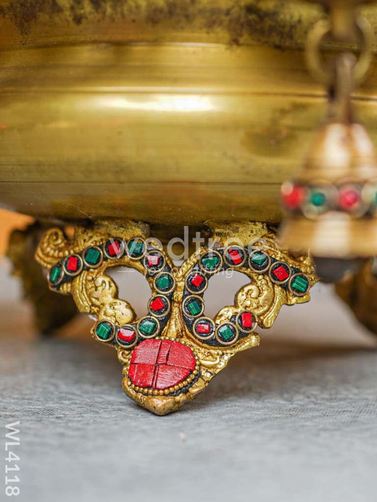 Brass Urli with Diya and Bells - Stonework -WL4118