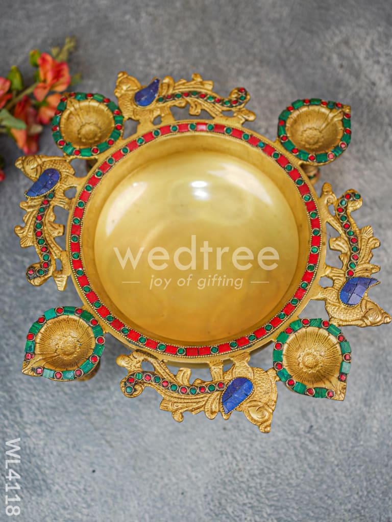 Brass Urli with Diya and Bells - Stonework -WL4118