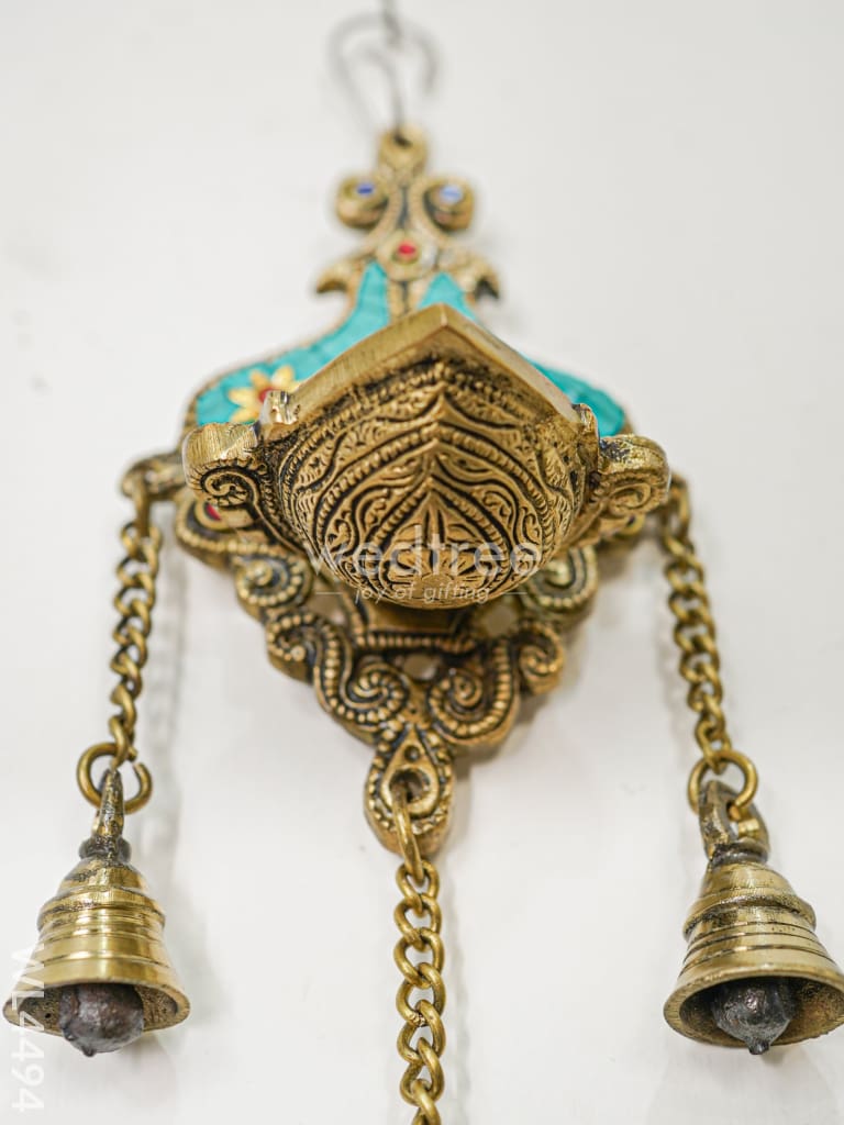 Brass Wall Hanging Diya with Stone Work - Green - WL4494-1
