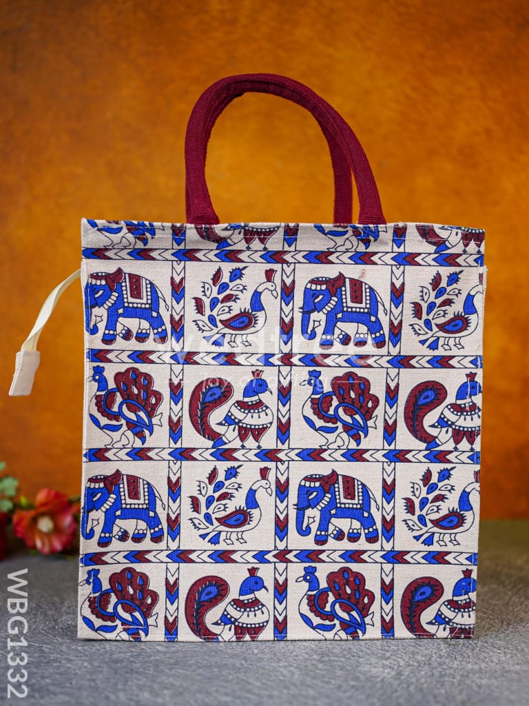 Canvas Bag with Elephant and Peacock Motifs - WBG1332