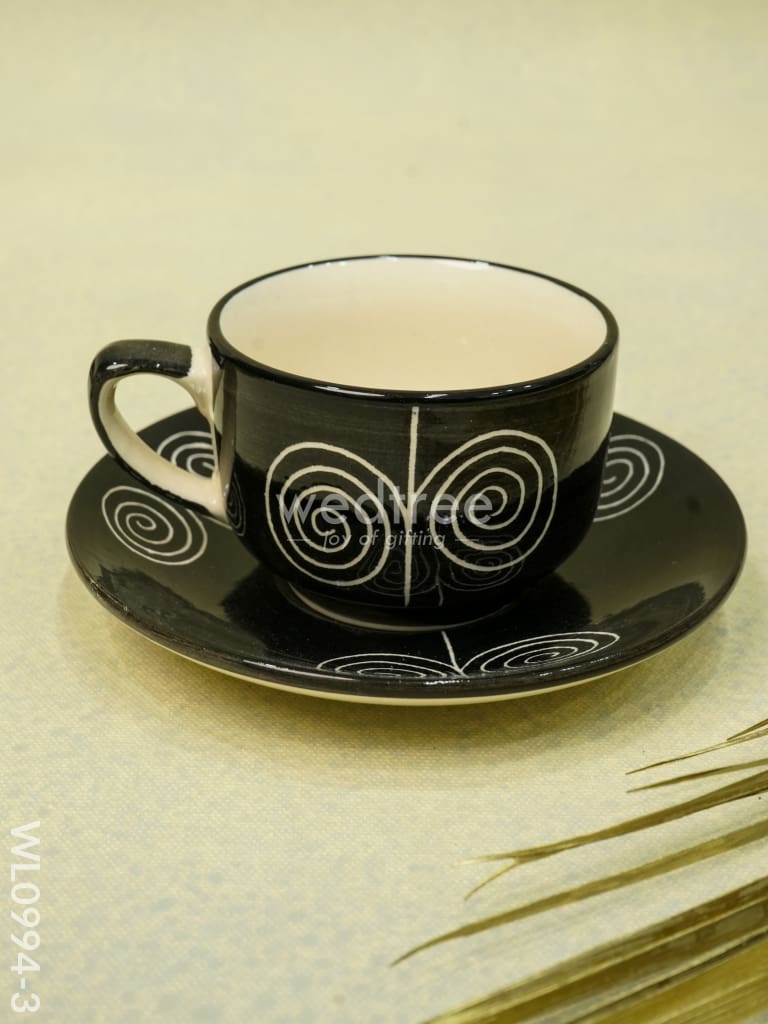 Ceramic Cup and Saucer Set - Black with Whirl Design - WL0994-3