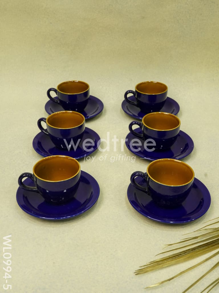 Ceramic Cup and Saucer Set - Blue with Brown Design - WL0994-5