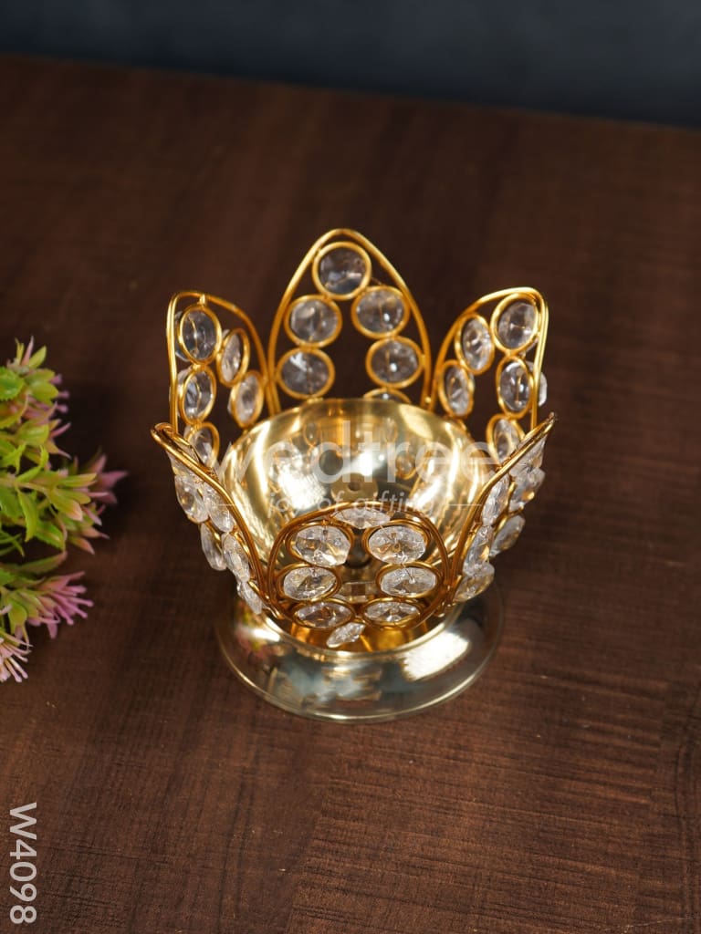 Decorative Lotus shaped Crystal and Brass Diya 3 inch - W4098