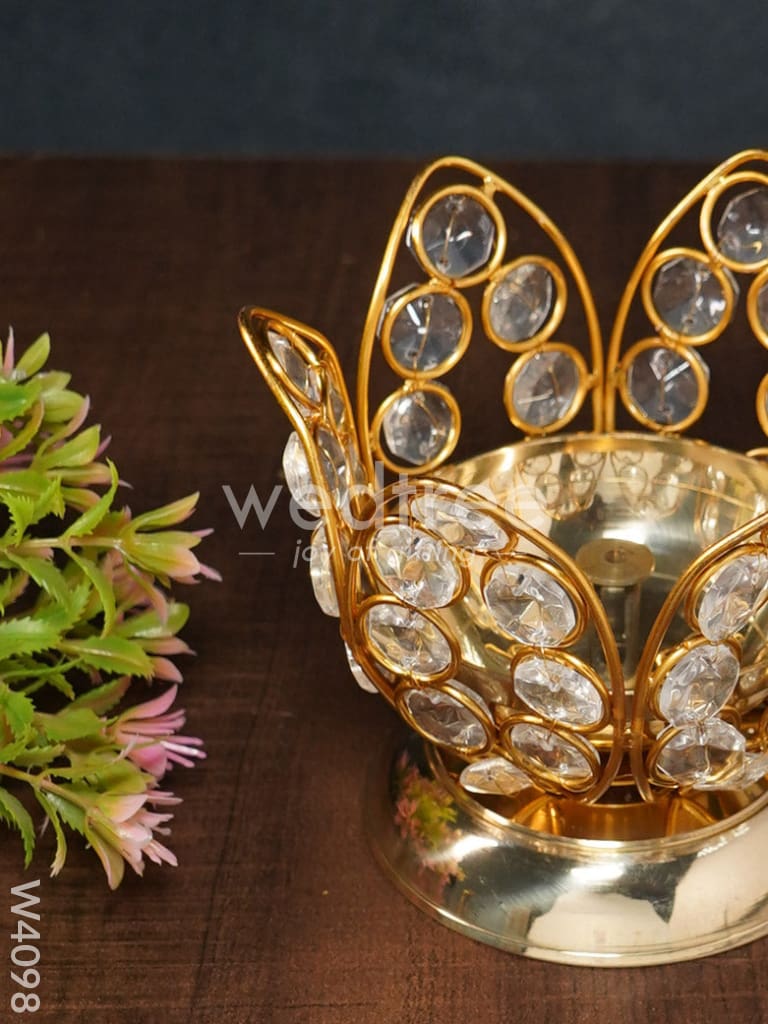 Decorative Lotus shaped Crystal and Brass Diya 3 inch - W4098