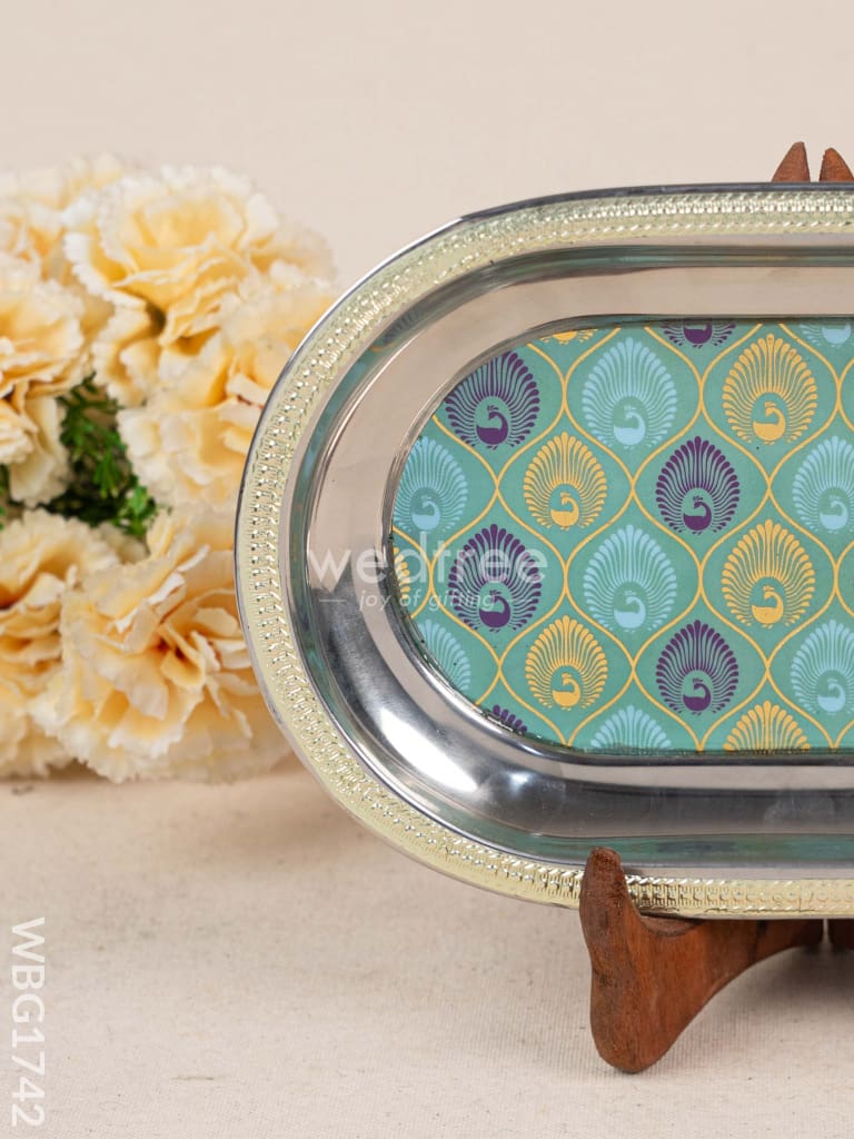 Digital Printed Meenakari Oval Plate - Peacock Design - WBG1742 Meenakari Trays & Plates