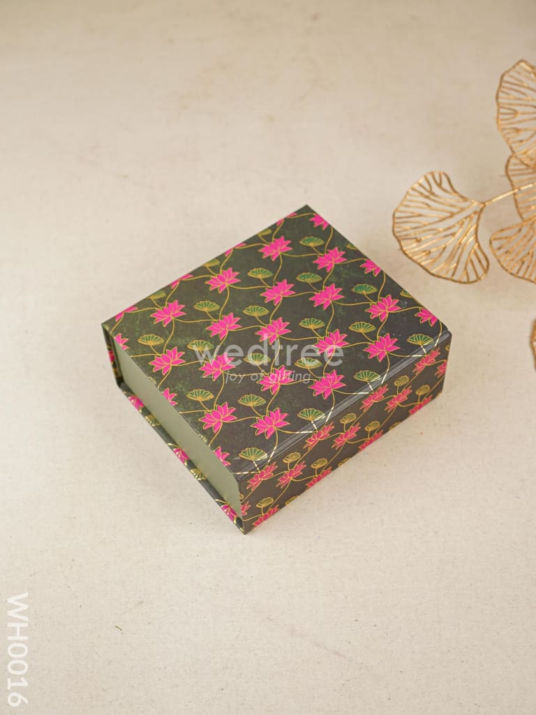 Flip Top Box - Dark Green & Pink Lotus Print - WH0016