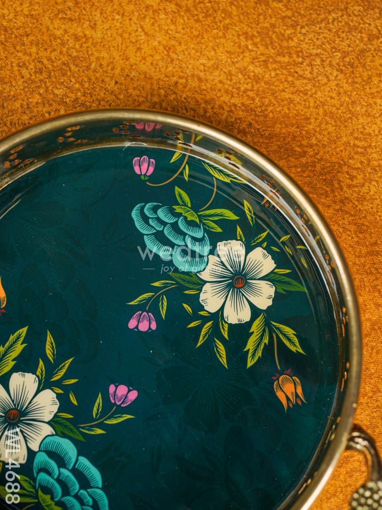 Floral Printed Brass Tray - 9 inch - WL4688
