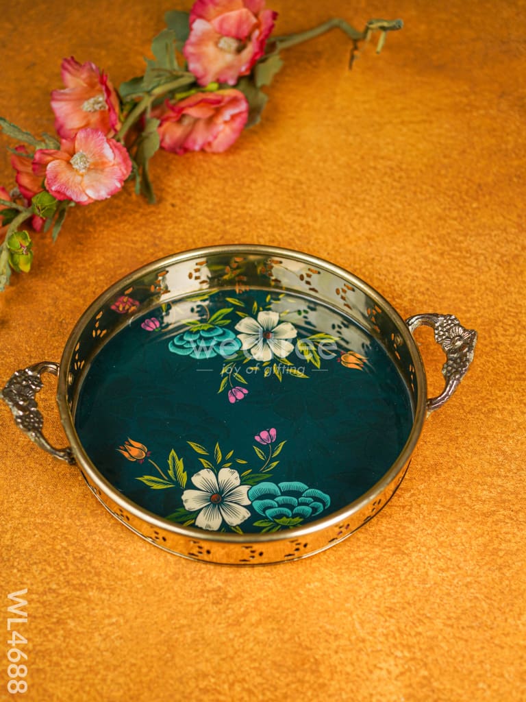 Floral Printed Brass Tray - 9 inch - WL4688