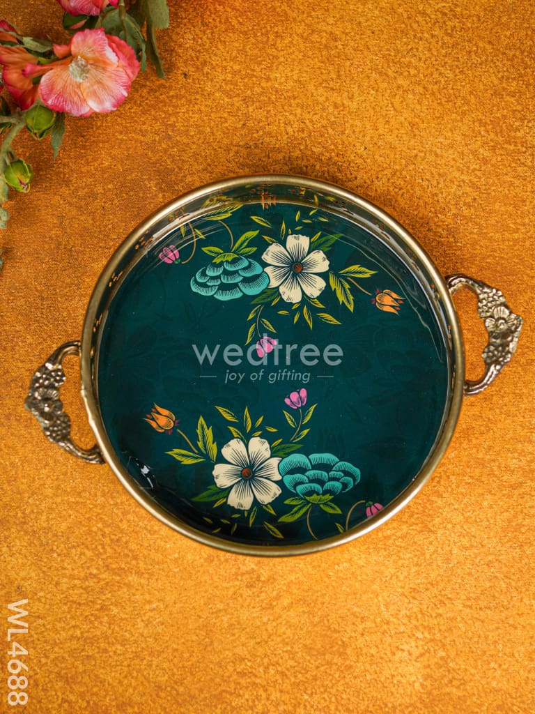 Floral Printed Brass Tray - 9 inch - WL4688