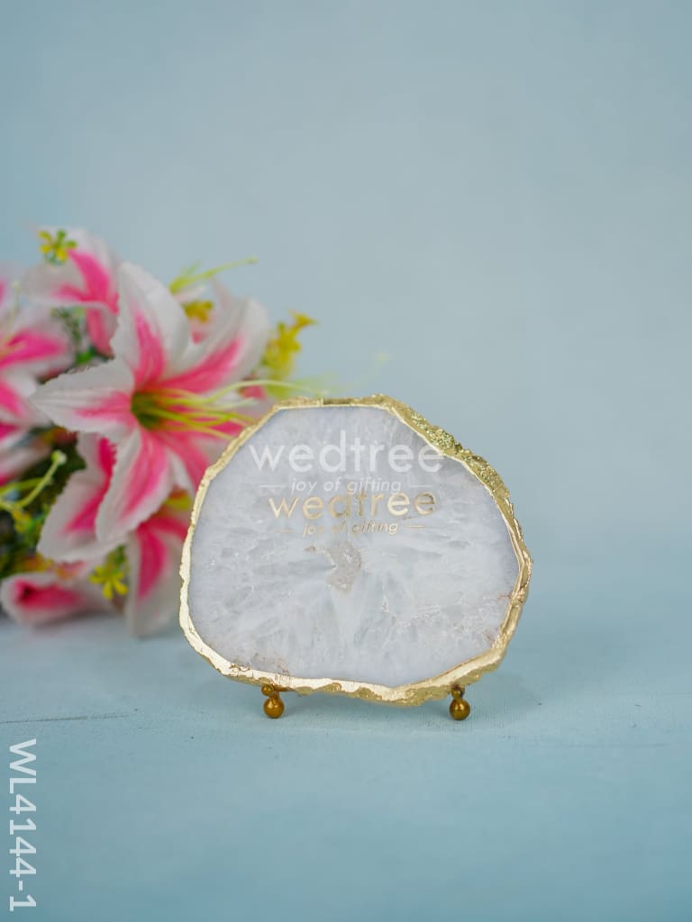 Gemstone Agate Slice with Gold Electroplated Border - White agate - WL4144
