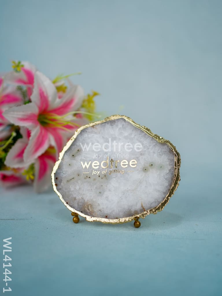 Gemstone Agate Slice with Gold Electroplated Border - White agate - WL4144