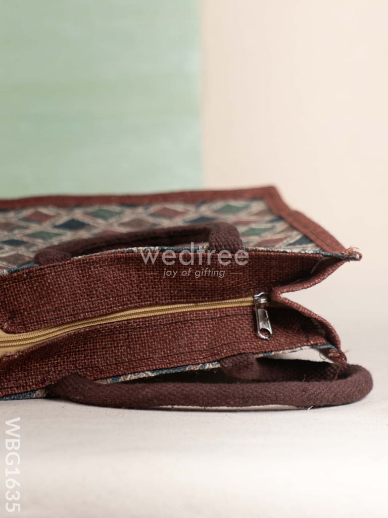 Geometric Printed Jute Bag - Brown - WBG1635