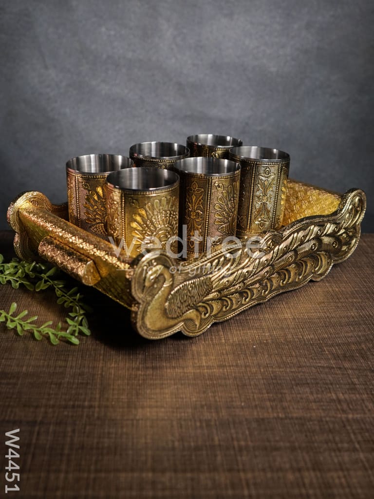 German oxidised tray with 6 glass - W4451
