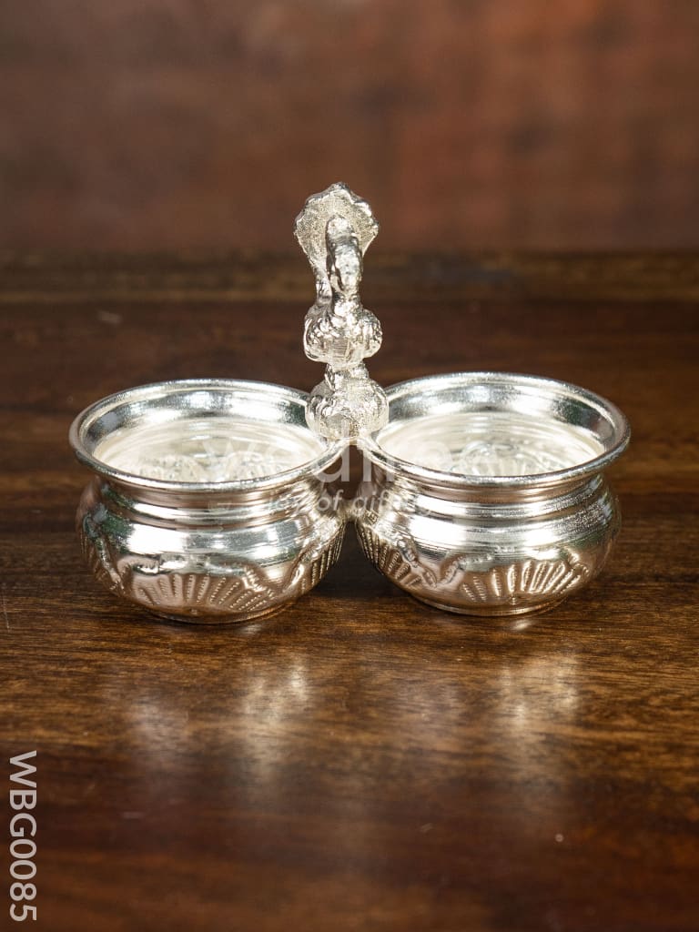 German Silver 2 Cups Kumkum holder with Floral design and peacock on the top - WBG0085