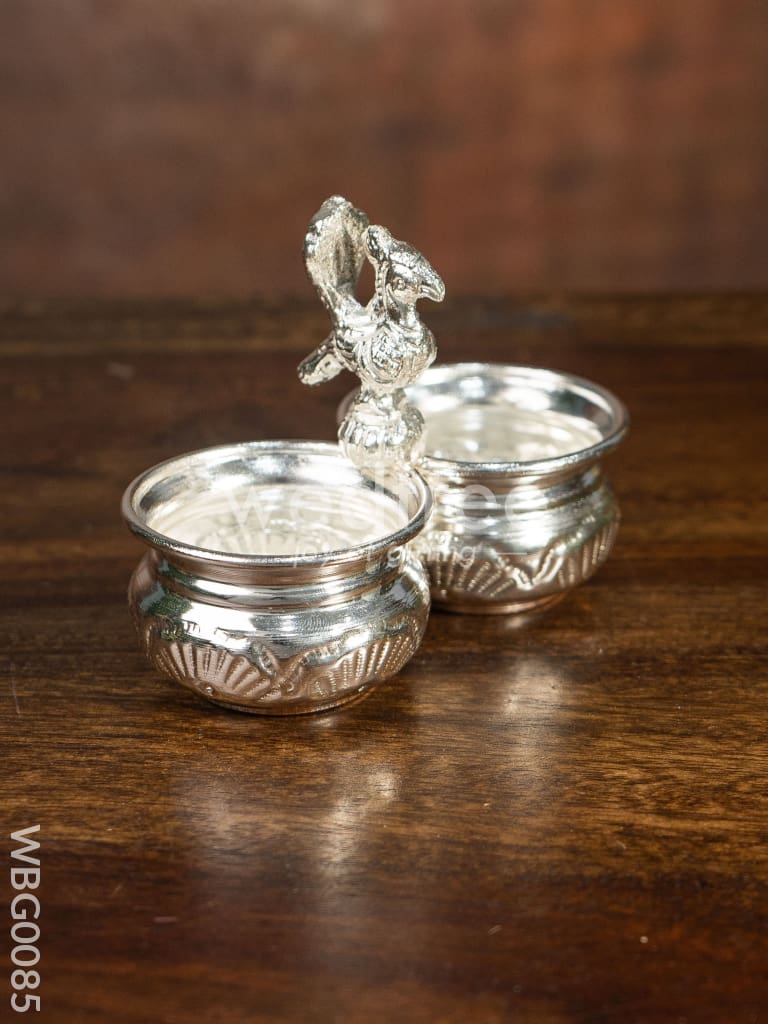 German Silver 2 Cups Kumkum holder with Floral design and peacock on the top - WBG0085