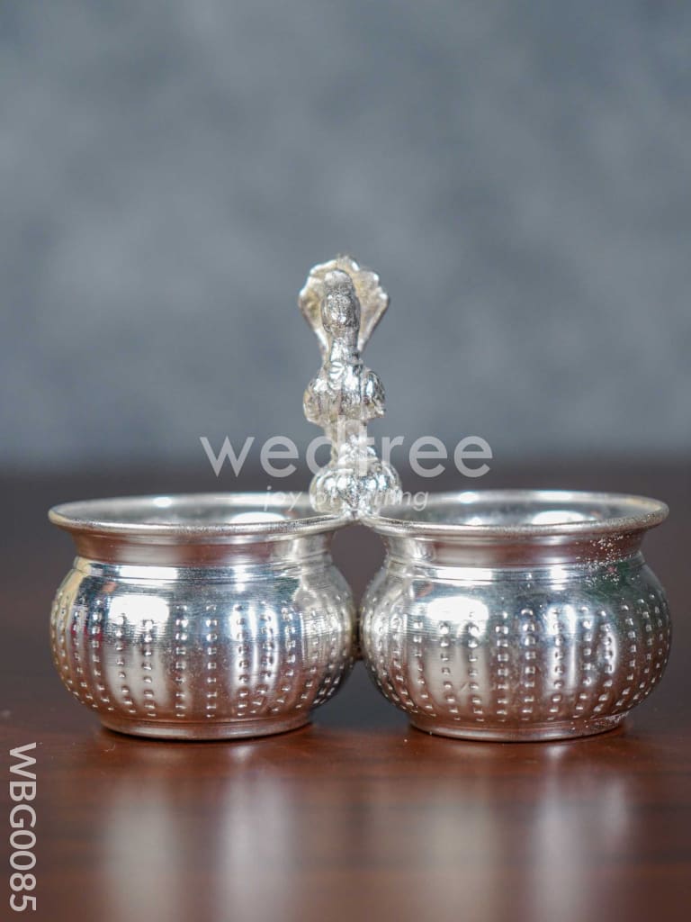 German Silver 2 Cups Kumkum holder with Floral design and peacock on the top - WBG0085