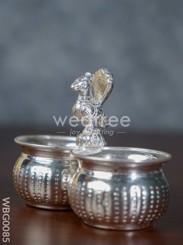 German Silver 2 Cups Kumkum holder with Floral design and peacock on the top - WBG0085