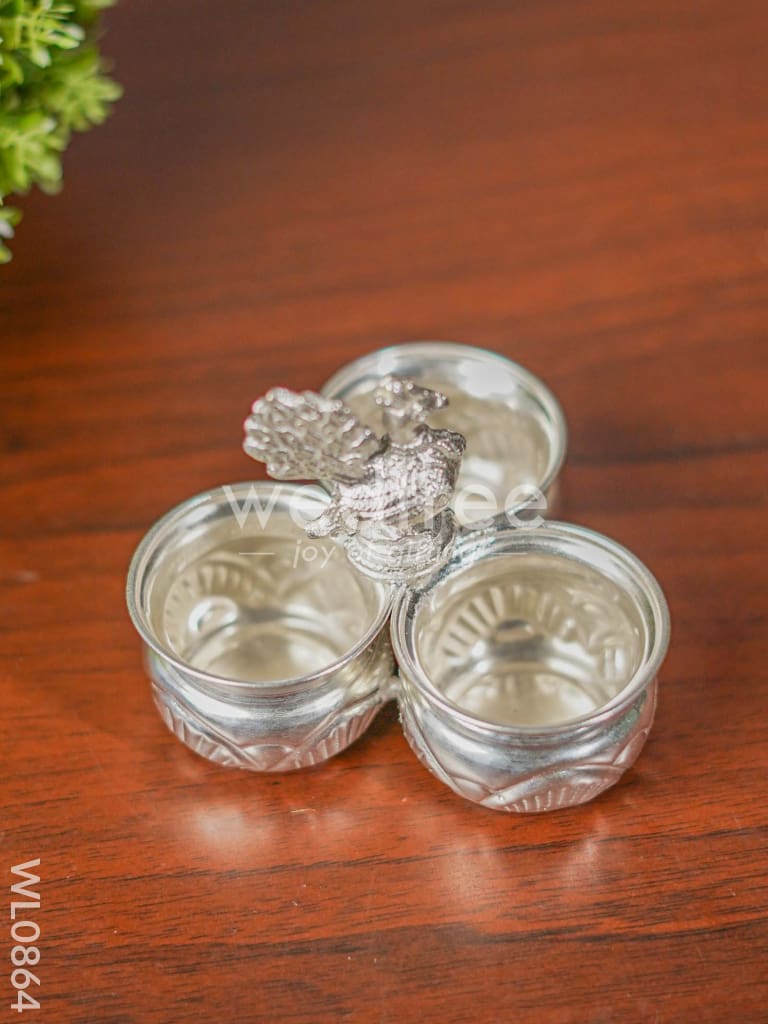 German Silver 3 Cup Peacock Kumkum Holder - WL0864