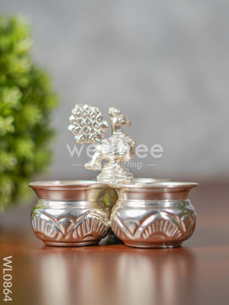 German Silver 3 Cup Peacock Kumkum Holder - WL0864