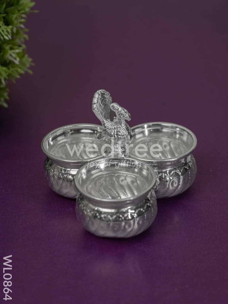 German Silver 3 Cup Peacock Kumkum Holder - WL0864
