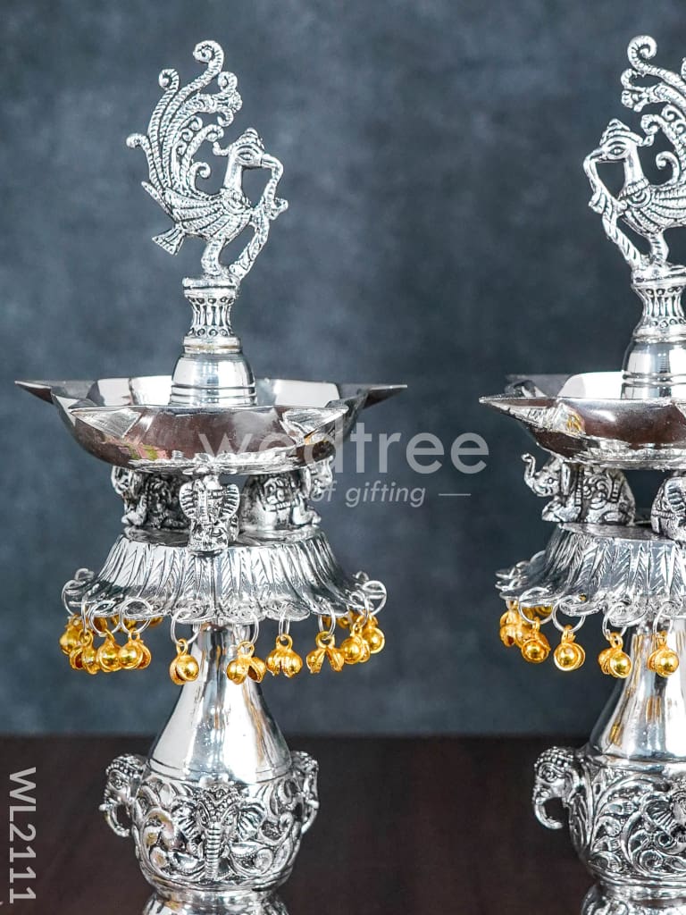 German Silver Annapakshi Kuthuvilakku with Elephant Leg (Antique Finish) - WL2111